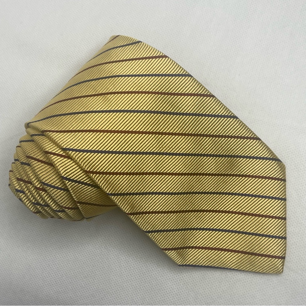Brooks Brothers Makers Repp Silk Tie Gold Navy Red Stripe Preppy Texture Necktie